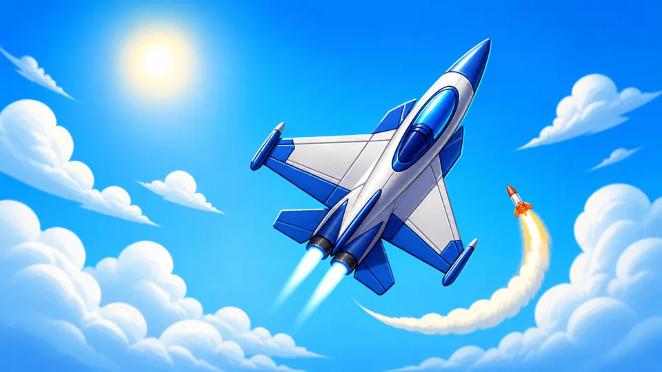 A white and blue fighter jet climbing through bright clouds as a missile follows